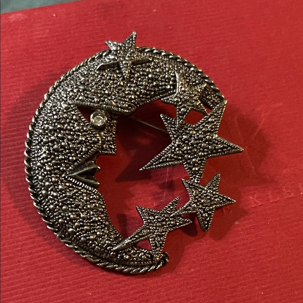 Vintage Crescent Moon and Stars Brooch - Black Crystal Finish